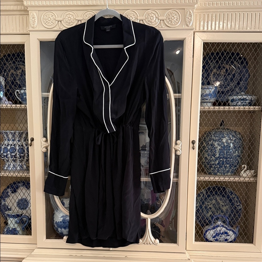 Allsaints Black Long Sleeve Wrap Dress with White Piping